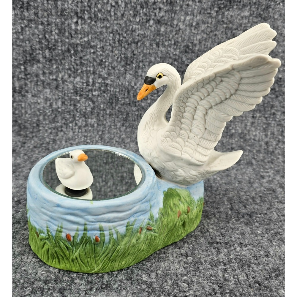 MSR Imports Swans Music Box Figurine White Porcelain Spinning Cygnet Mirror 80s